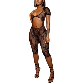 LETSVDO Women's Sexy Mesh Lace Jumpsuit Bodycon Short Sleeve See Through Backless U Neck Cut Out Club Romper Outfits
