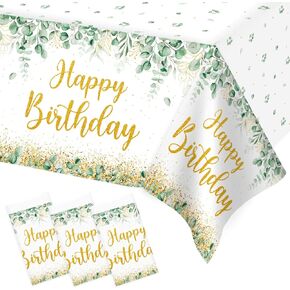 Lopeastar 3Pcs Neutral Sage Green Birthday Decorations Tablecloths, Glitter Gold Happy Birthday Table Cover, 54 x 108 Inch Large Rectangular Birthday Party Decorations for Boys Girls Women Men