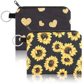2 Pcs Sunflowers Coin Purse Fabric Coin Pouch with Key Ring, Zipper Heart Coin Bag, Small Black Canvas Purse Pouch, Travel Portable Keychain Wallet
