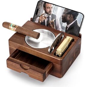 Tesonway Cigar Ashtray, Wooden Cigar Ashtrays with Cigar Cutter, Phone Tablet Holder, Cigar Holder, Accessories Drawer and Lighter Slot, Home Bar Outdoor Ashtray, Great Cigar Accessories Gift for Men
