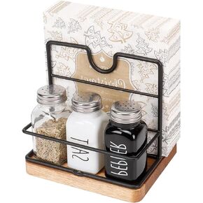 Napkin Holder, Metal Napkin Holder Modern Napkin Dispenser for Table Kitchen Countertop, Not Including Salt and Pepper Shakers (Wooden Base, Black)