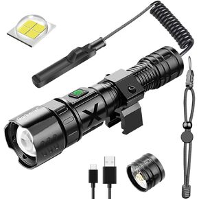 10000 Lumens Picatinny Rail Mount Flashlight XHP70 Tactical Flashlight for Rifle, 5 Modes Adjust Focus Rechargeable Weapon Light, Remote Pressure Switch Included for Hiking Outdoor Activities