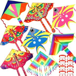 Foilswirl 8 Pack Kites for Kids Butterfly Kite Fish Kite Large Rainbow Delta Kite Easy to Fly Beach Kite with 8 Pcs 109 Yard Kite String Spool Nylon Kites for Children Adults Spring Outdoor Games