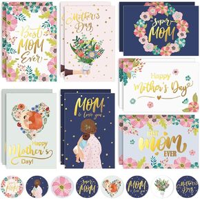 AnyDesign Mother's Day Cards 14 Pack Foil Gold Happy Mother's Day Greeting Cards with Stickers Envelopes Cartoon Floral Blank Note Cards for Mom's Birthday Mother's Day Celebration, 4 x 6 Inch