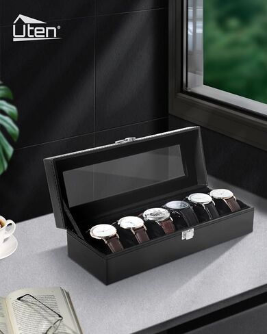 صندوق ساعة Uten، حافظة ساعة جلدية ذات 6 فتحات، منظم ساعة لتخزين المجوهرات مع غطاء زجاجي كبير، بطانة سوداء، صندوق عرض للساعة هدية للرجال والنساء in Kuwait