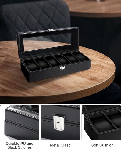 صندوق ساعة Uten، حافظة ساعة جلدية ذات 6 فتحات، منظم ساعة لتخزين المجوهرات مع غطاء زجاجي كبير، بطانة سوداء، صندوق عرض للساعة هدية للرجال والنساء in Kuwait