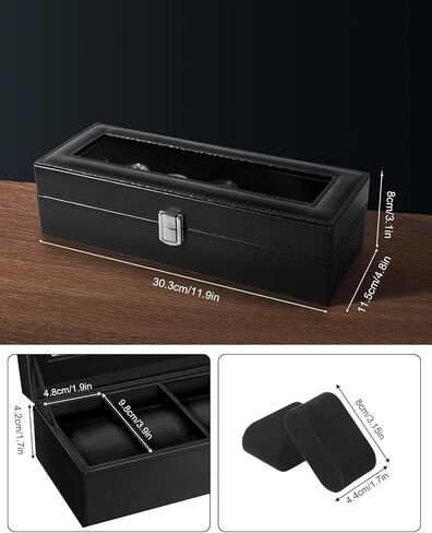 صندوق ساعة Uten، حافظة ساعة جلدية ذات 6 فتحات، منظم ساعة لتخزين المجوهرات مع غطاء زجاجي كبير، بطانة سوداء، صندوق عرض للساعة هدية للرجال والنساء in Kuwait