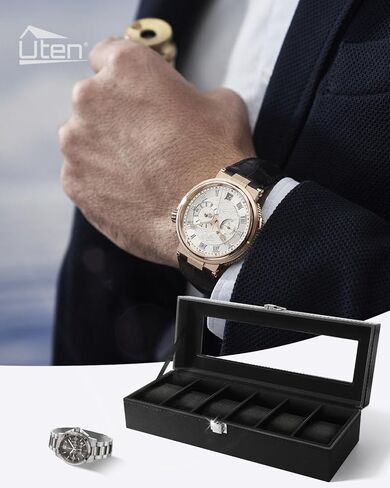 صندوق ساعة Uten، حافظة ساعة جلدية ذات 6 فتحات، منظم ساعة لتخزين المجوهرات مع غطاء زجاجي كبير، بطانة سوداء، صندوق عرض للساعة هدية للرجال والنساء in Kuwait