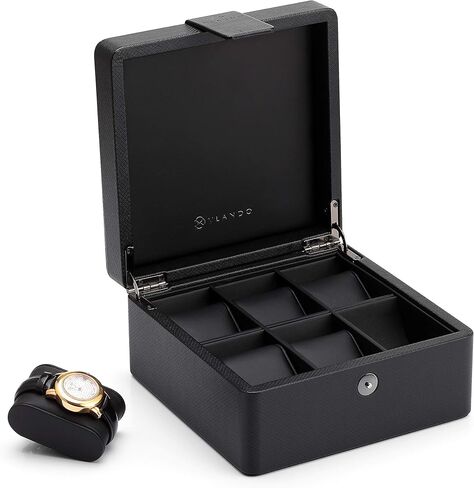 Vlando 6-Slot Watch Box Organizer Collector - Wooden Case and Snap Fastener Closure - Gift Packing, Black in Saudi Arabia