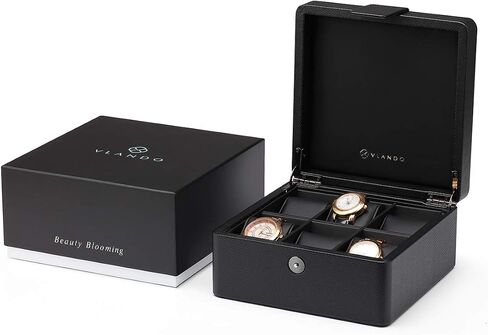 Vlando 6-Slot Watch Box Organizer Collector - Wooden Case and Snap Fastener Closure - Gift Packing, Black in Saudi Arabia