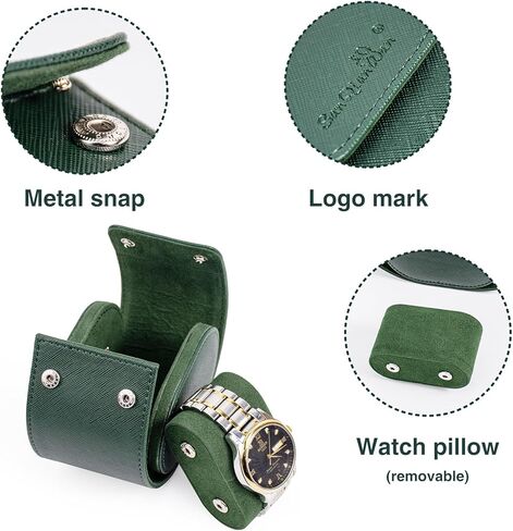 SANQIANWAN Single Travel Storage Watch Roll Portable PU Leather Watch Case Box for Men with Button Style Removable Watch Pillow Watch Display Roll (Black) in Kuwait