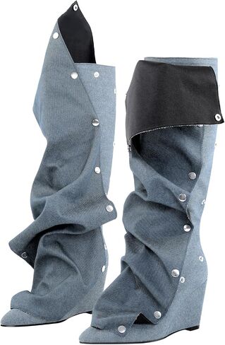 Women's Wedge Heel Knee High Slouchy Foldover Buttons Boots in Saudi Arabia