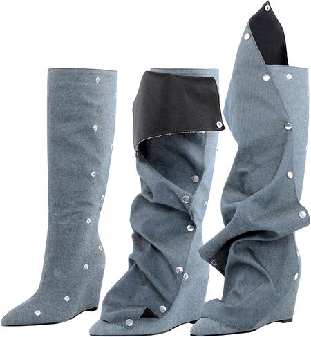 Women's Wedge Heel Knee High Slouchy Foldover Buttons Boots in Saudi Arabia