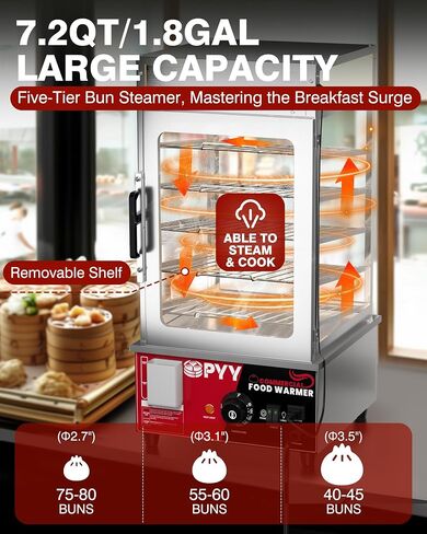 PYY Bun Steamer Electric Food Display - Automatic Temperature Control 5 Layers Display Stainless Steel Commercial Bun Steamer For Kiosk, 1200W/110V in Saudi Arabia