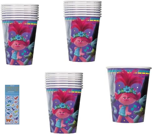 Unique Trolls Birthday Party Supplies Bundle includes 24 Paper Cups and 1 Dinosaur Sticker Sheet in Saudi Arabia