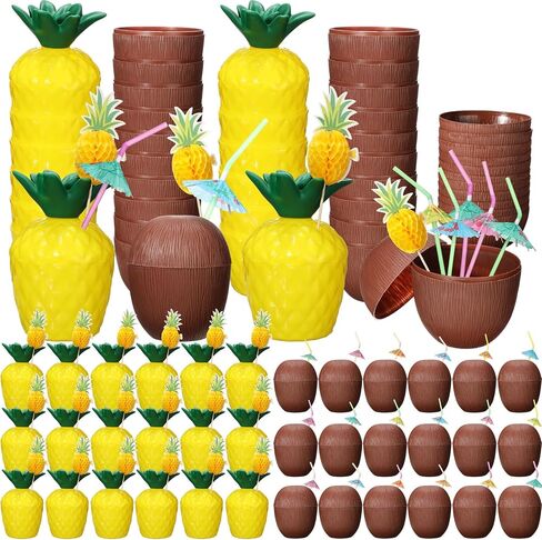 Amyhill 60 Pcs Pineapple Cups Plastic Coconut Drink Cups Set with 60 Umbrella Straws and 60 Cocktail Drink Picks Beach Theme Hawaiian Party Decorations Summer Luau Party Supplies for Kids and Adults in Saudi Arabia