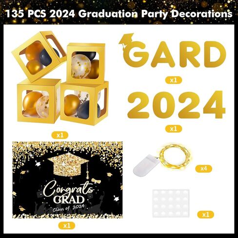 2024 Graduation Party Decorations-135pcs Graduation Decorations Class of 2024 Set-Graduation Balloon Boxes with Lighted Strings, Balloon Arch Garland Kit, 2024 Foil Balloons & Graduation Backdrop in Kuwait