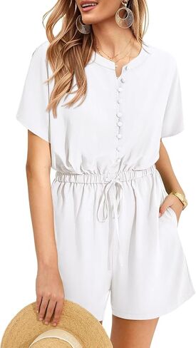 ثوب فضفاض من MIHOLL للنساء 2024 جمبسوت صيفي كاجوال بأكمام قصيرة وأزرار لأعلى ملابس للإجازات مع جيوب in Kuwait