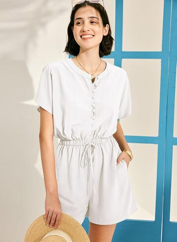 ثوب فضفاض من MIHOLL للنساء 2024 جمبسوت صيفي كاجوال بأكمام قصيرة وأزرار لأعلى ملابس للإجازات مع جيوب in Kuwait