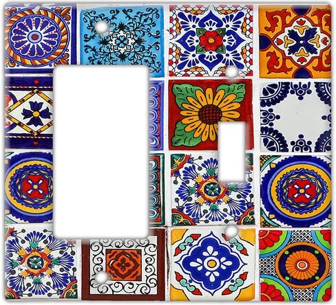 لوحة غطاء مفتاح الحائط - لوحة مفاتيح ديكور البلاط المكسيكي - تصميم زهور ملون مذهل مثالي لأي غرفة، سهل التركيب وتحسين رائع للمنزل، (غطاء مفتاح هزاز واحد) in Kuwait