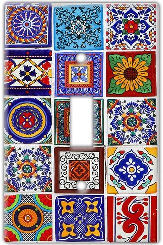 لوحة غطاء مفتاح الحائط - لوحة مفاتيح ديكور البلاط المكسيكي - تصميم زهور ملون مذهل مثالي لأي غرفة، سهل التركيب وتحسين رائع للمنزل، (غطاء مفتاح هزاز واحد) in Kuwait