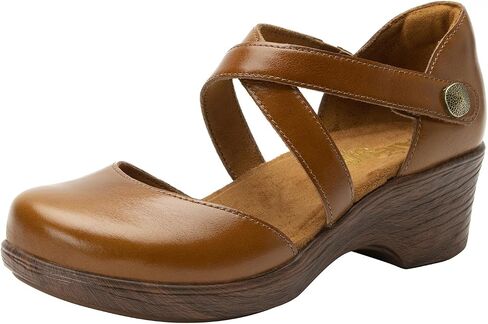 Alegria Womens Savina Leather Wedge - Stylish and Versatile Mary Jane for Endless Support - Enhanced Arch Slip Resistant Platform Ankle Cross Strap Heel for Professionals in Saudi Arabia