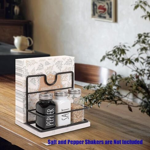 Napkin Holder, Metal Napkin Holder Modern Napkin Dispenser for Table Kitchen Countertop, Not Including Salt and Pepper Shakers (Wooden Base, Black) in Saudi Arabia