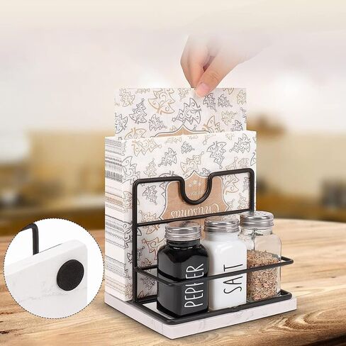Napkin Holder, Metal Napkin Holder Modern Napkin Dispenser for Table Kitchen Countertop, Not Including Salt and Pepper Shakers (Wooden Base, Black) in Saudi Arabia