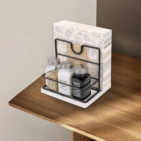 Napkin Holder, Metal Napkin Holder Modern Napkin Dispenser for Table Kitchen Countertop, Not Including Salt and Pepper Shakers (Wooden Base, Black) in Saudi Arabia