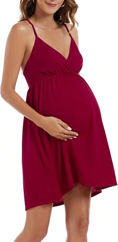 OYOANGLE Women's Maternity Spaghetti Straps Wrap V Neck Cami Dress Solid Backless Sleeveless Dresses in Saudi Arabia
