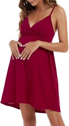 OYOANGLE Women's Maternity Spaghetti Straps Wrap V Neck Cami Dress Solid Backless Sleeveless Dresses in Saudi Arabia