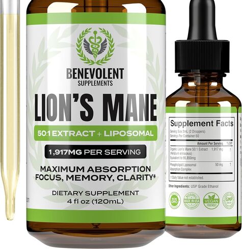 Lions Mane Mushroom Supplement - 50:1 Lion's Mane Liquid Extract Tincture & Phospholipid Liposomal Absorption Complex Drops - Promotes Focus, Memory & Mental Clarity - Made in USA - 4 Fl. Oz in Kuwait