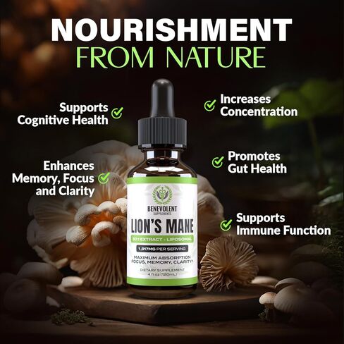 Lions Mane Mushroom Supplement - 50:1 Lion's Mane Liquid Extract Tincture & Phospholipid Liposomal Absorption Complex Drops - Promotes Focus, Memory & Mental Clarity - Made in USA - 4 Fl. Oz in Kuwait