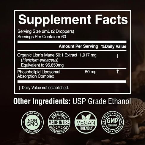 Lions Mane Mushroom Supplement - 50:1 Lion's Mane Liquid Extract Tincture & Phospholipid Liposomal Absorption Complex Drops - Promotes Focus, Memory & Mental Clarity - Made in USA - 4 Fl. Oz in Kuwait