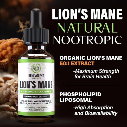 Lions Mane Mushroom Supplement - 50:1 Lion's Mane Liquid Extract Tincture & Phospholipid Liposomal Absorption Complex Drops - Promotes Focus, Memory & Mental Clarity - Made in USA - 4 Fl. Oz in Kuwait