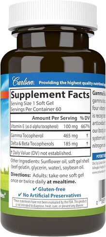 Carlson - Gamma E-Gems, Gamma Tocopherol 465 mg, Heart Health & Optimal Wellness, Antioxidant, 60 Soft gels in Saudi Arabia