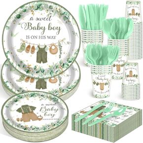 Dandat 350 Pcs Baby Shower Plates Set Baby Shower Party Supplies Serves 50 Tableware Sets Include Plates Napkin Cup Forks Knives Spoons Disposable Dinnerware for Boy Girl (Woodland) in Kuwait