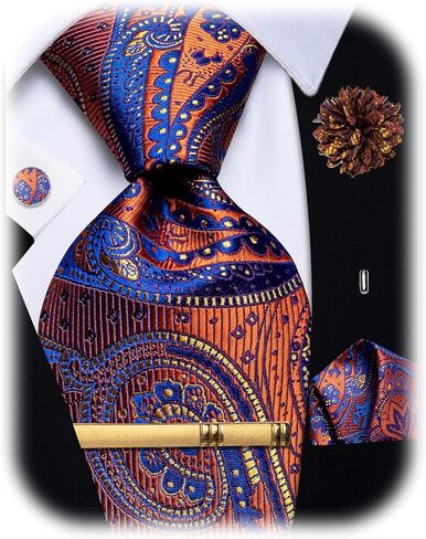 Silk Paisley Floral Tie and Pocket Squard Cufflinks with Lapel Pin Sets for Men 5PC Wedding Party in Kuwait