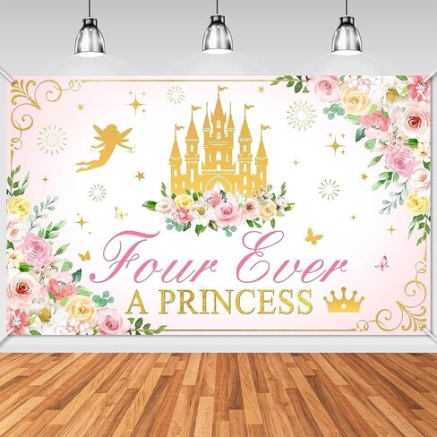 “Four Ever a Princess" Fairy Castle Backdrop – 6×3.6 ft Pink & Gold Birthday Party Banner for Girls’ 4th Birthday Decorations in Saudi Arabia