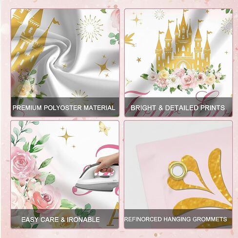 “Four Ever a Princess" Fairy Castle Backdrop – 6×3.6 ft Pink & Gold Birthday Party Banner for Girls’ 4th Birthday Decorations in Saudi Arabia