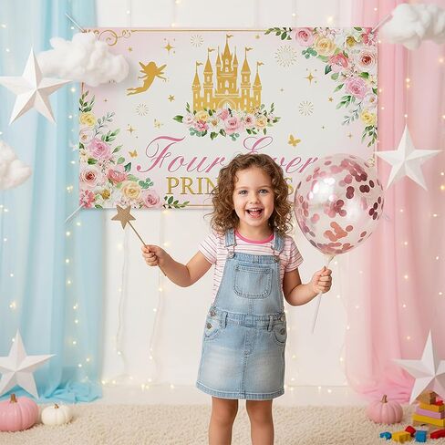 “Four Ever a Princess" Fairy Castle Backdrop – 6×3.6 ft Pink & Gold Birthday Party Banner for Girls’ 4th Birthday Decorations in Saudi Arabia
