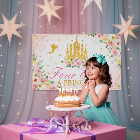 “Four Ever a Princess" Fairy Castle Backdrop – 6×3.6 ft Pink & Gold Birthday Party Banner for Girls’ 4th Birthday Decorations in Saudi Arabia
