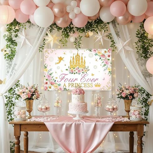 “Four Ever a Princess" Fairy Castle Backdrop – 6×3.6 ft Pink & Gold Birthday Party Banner for Girls’ 4th Birthday Decorations in Saudi Arabia