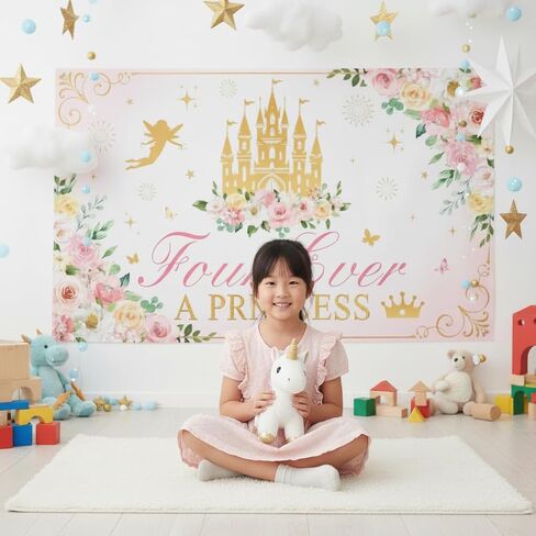 “Four Ever a Princess" Fairy Castle Backdrop – 6×3.6 ft Pink & Gold Birthday Party Banner for Girls’ 4th Birthday Decorations in Saudi Arabia