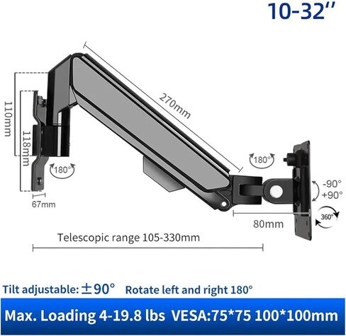 ذراع شاشة مقاس 10 - 32 بوصة مزود بحامل مفصلي مزود بإضاءة LED زنبركية غازية (10-32 بوصة W31P) in Kuwait