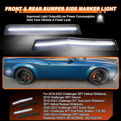 4X LED Fender Side Marker Light Smoked Lens for Dodge Challenger SRT Hellcat Widebody 2018-2023, R/T Scat Pack/Redeye/Super Stock, Front&Rear Dynamic Side Marker Lamp (White Light) in Kuwait