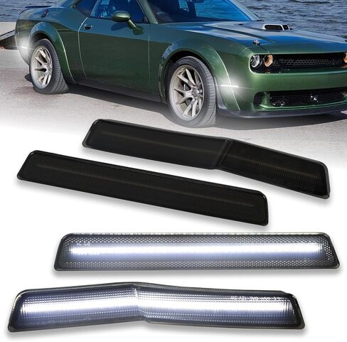 4X LED Fender Side Marker Light Smoked Lens for Dodge Challenger SRT Hellcat Widebody 2018-2023, R/T Scat Pack/Redeye/Super Stock, Front&Rear Dynamic Side Marker Lamp (White Light) in Kuwait