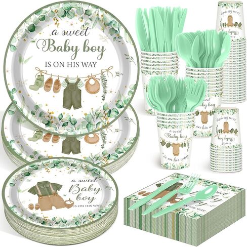 Dandat 350 Pcs Baby Shower Plates Set Baby Shower Party Supplies Serves 50 Tableware Sets Include Plates Napkin Cup Forks Knives Spoons Disposable Dinnerware for Boy Girl (Woodland) in Kuwait