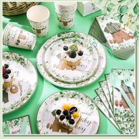 Dandat 350 Pcs Baby Shower Plates Set Baby Shower Party Supplies Serves 50 Tableware Sets Include Plates Napkin Cup Forks Knives Spoons Disposable Dinnerware for Boy Girl (Woodland) in Kuwait