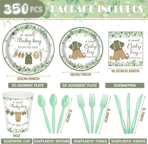 Dandat 350 Pcs Baby Shower Plates Set Baby Shower Party Supplies Serves 50 Tableware Sets Include Plates Napkin Cup Forks Knives Spoons Disposable Dinnerware for Boy Girl (Woodland) in Kuwait